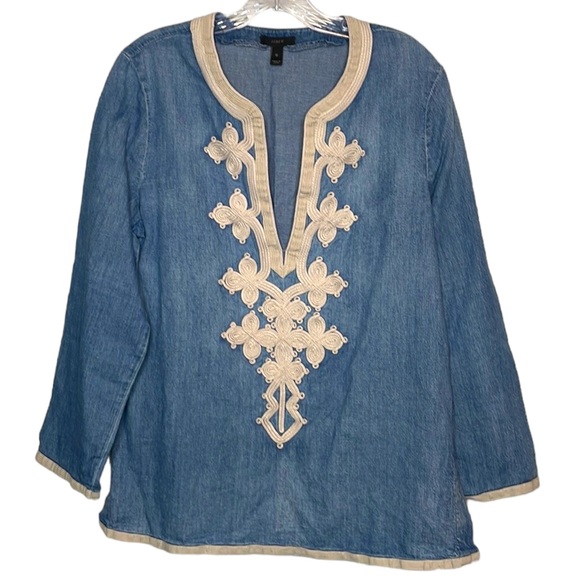 J. Crew Tops - J Crew Chambray Denim Popover Tunic Top Soutache Embroidered Boho Sz 10